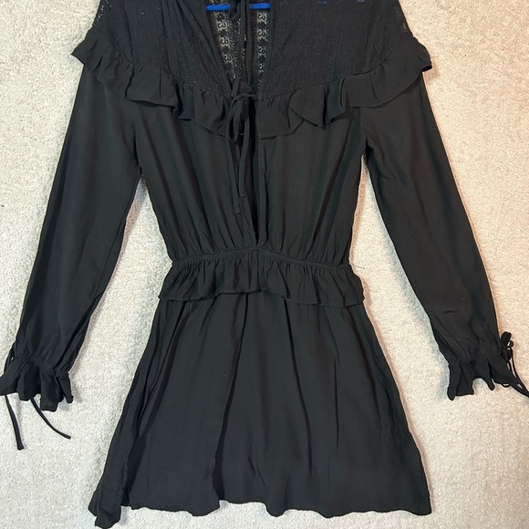 Lace Babydoll Mini Dress Long sleeve Dark Romantic Goth Black Bow Y2K 90, Medium - Picture 5 of 11